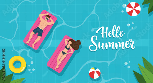 Summer activity: Flat vector illustration with "Hello Summer" text, depicting a couple relaxing on inflatable mattresses in a blue swimming pool. Enjoying summer relaxation