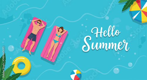 Adobe Illustrator Artwork Summer activity: Flat vector illustration with "Hello Summer" text, depicting a couple relaxing on inflatable mattresses in a blue swimming pool. Enjoying summer relaxation
