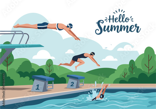 Adobe Illustrator Artwork Summer activity: Flat vector illustration with "Hello Summer" text, depicting swimmers diving into a pool from starting blocks and a diving board. Active summer water sport