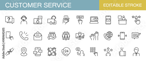 Customer service icon set. Containing call, chat, information, feedback, operator and technical support. Editable stroke. Vector illustration