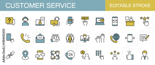 Colored customer service icon set. Containing call, chat, information, feedback, operator and technical support. Editable stroke. Vector illustration