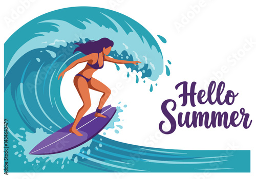 Adobe Illustrator Artwork Summer activity: Flat vector illustration of a woman surfing a large wave with "Hello Summer" text. Enjoying an active and fun summer water sport