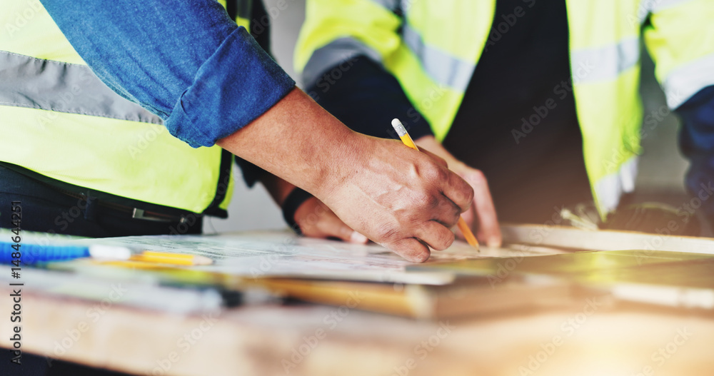 Obraz premium Collaboration, hands and writing with construction worker people closeup on building site for planning. Architecture, blueprints and floor plan with engineering team on worksite for development