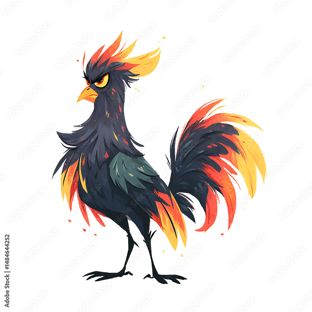 Obraz premium Stylized rooster with fiery plumage and dark feathers, exuding an intense and brooding presence.