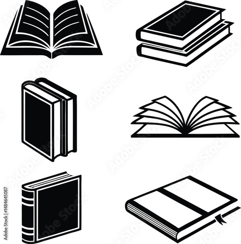 A collection of six black and white book illustrations in various open and closed positions and orientations