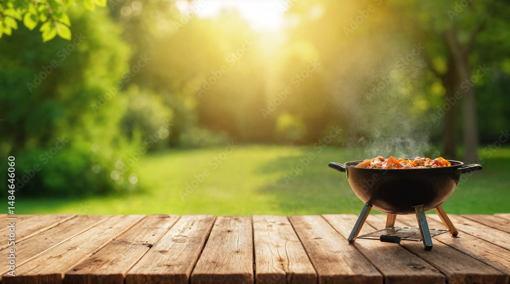 Empty wooden table and blurred view of tasty food on modern barbecue grill outdoors Empty wooden table and blurred view of tasty food on modern barbecue grill outdoors