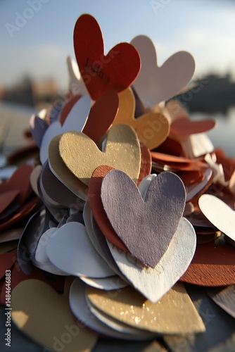 Hearts piled on a bridge by water