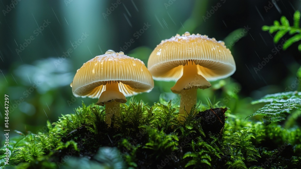 Fototapeta premium Two mushrooms in rain forest