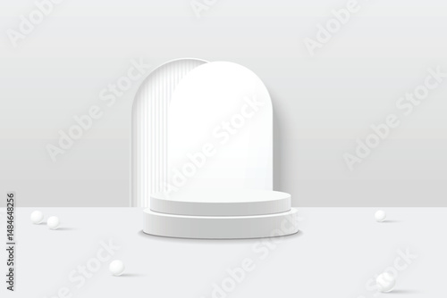 3D white product podium background. Abstract composition in minimal design. Studio showroom product pedestal, Fashion showcase mockup scene. Vector showcase design