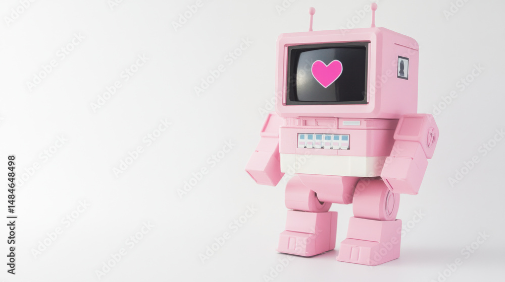 A charming pink robot figure with a heart on its screen, showcasing a playful and whimsical design against a minimal background. A charming pink robot figure with a heart on its screen, showcasing a playful and whimsical design against a minimal background.