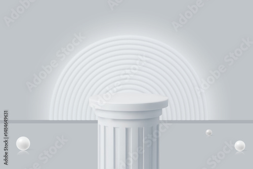 3D white product podium background. Abstract composition in minimal design. Studio showroom product pedestal, Fashion showcase mockup scene. Vector showcase design