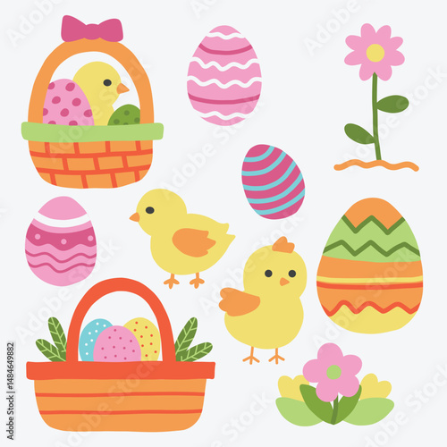 set of happy easter event eggs cute chicken flower basket illustration