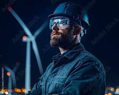 A bearded man wearing a hard hat and safety glasses stands in front of a wind farm at night, looking off to the side with a serious expression