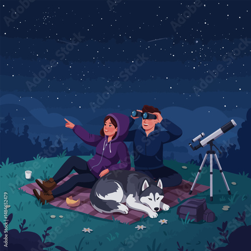 Couple with Dog Stargazing Using Binoculars and Telescope at Night