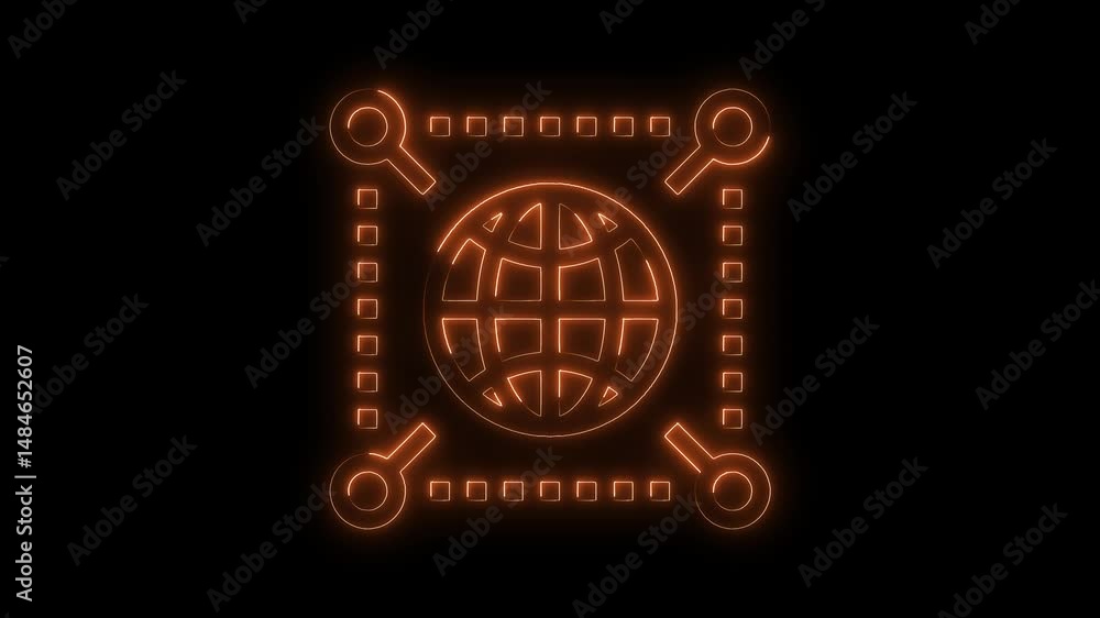 Glowing neon globe surrounded by search icons on black background representing global search Glowing neon globe surrounded by search icons on black background representing global search