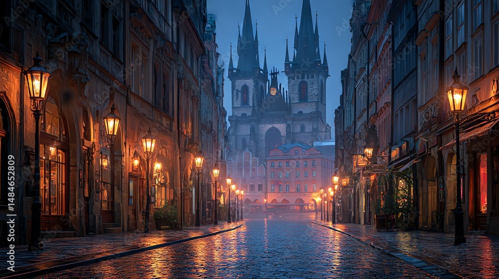 Fototapeta premium Capture the magical charm of Prague Old Town at dawn with stunning Gothic architecture, misty cobblestone streets, and cinematic 8K ultra HD details. Perfect for travel and history lovers