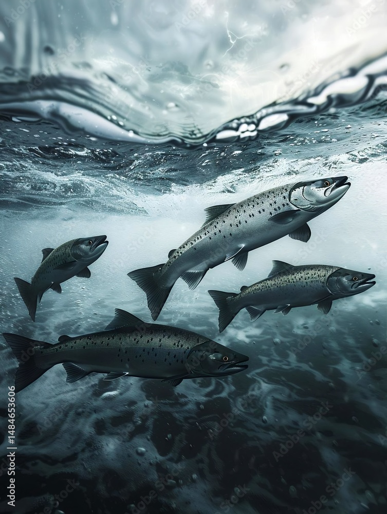 Fototapeta premium Four salmon, speckled with spots, swim together in a dynamic underwater scene, with the largest leading the way and others following closely behind.