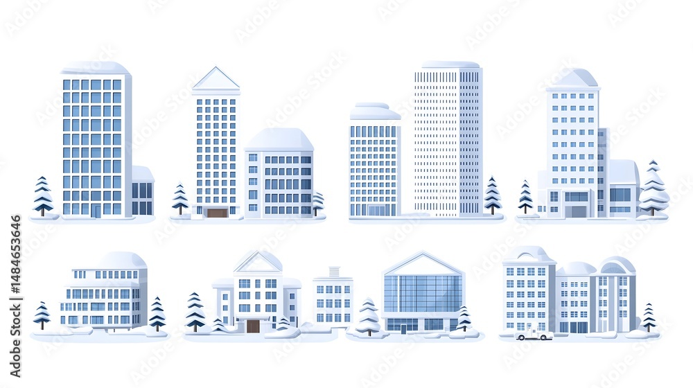Obraz premium A collection of eight snowy cityscape buildings