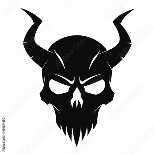 Minimalist horned skull silhouette with glowing eyes icon outline vector illustration