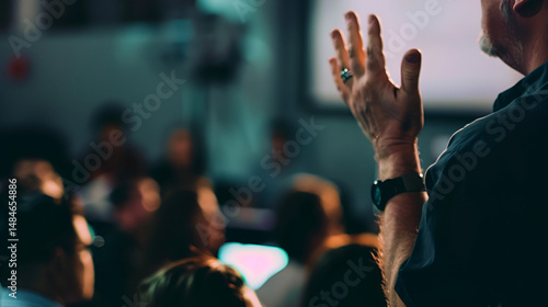 Wallpaper Mural Man gesturing with hand during presentation to audience in a dimly lit room with projector screen Torontodigital.ca