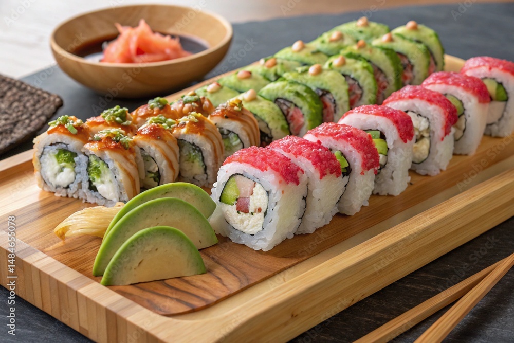 Sushi rolls arranged beautifully on a wooden platter. Sushi rolls arranged beautifully on a wooden platter.