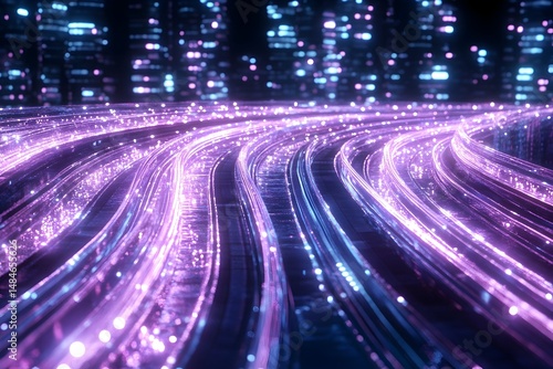 A futuristic city skyline with glowing lines of light emanating from the ground, creating a sense of movement and connectivity