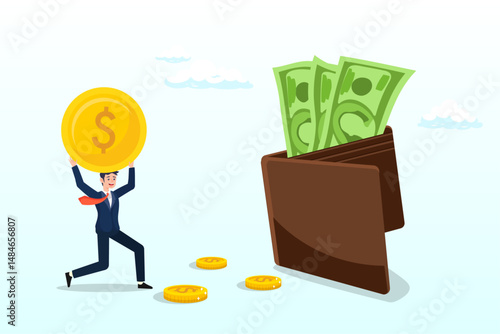 Businessman hold money with wallet banknotes, salary, wages or income, making money profit, cash or economics, financial saving, investment or expense, spending, salary payroll, compensation concept