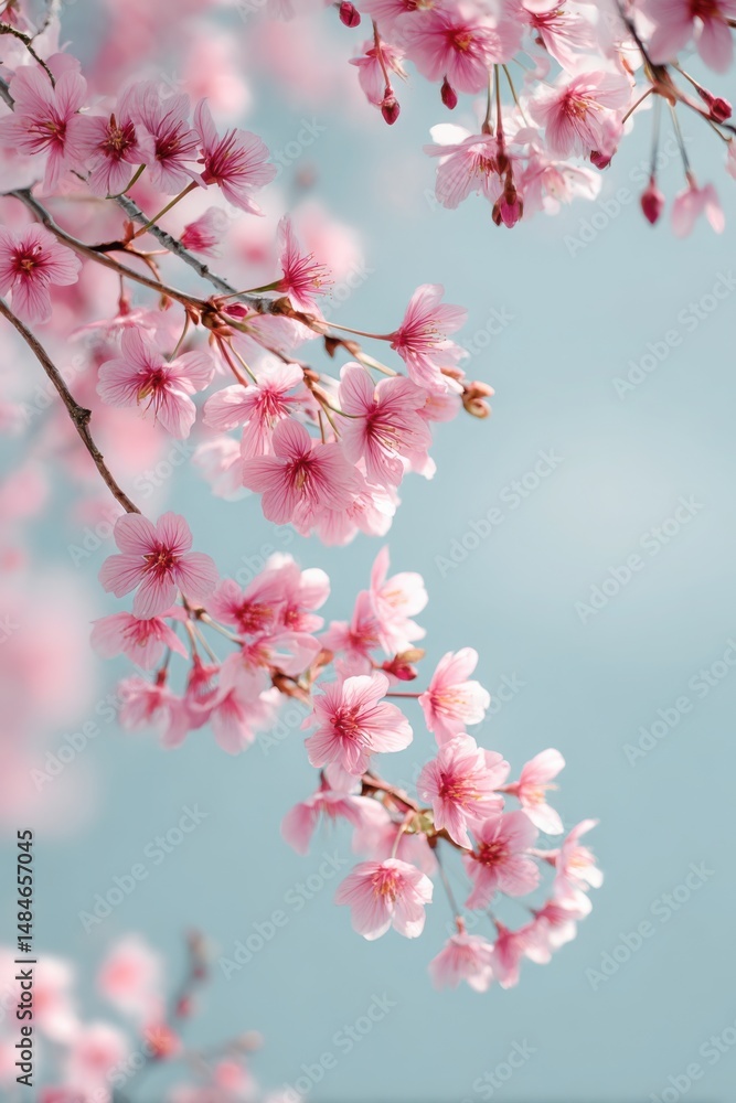 Obraz premium Cherry blossom trees in full bloom on a clear spring day near a serene blue sky