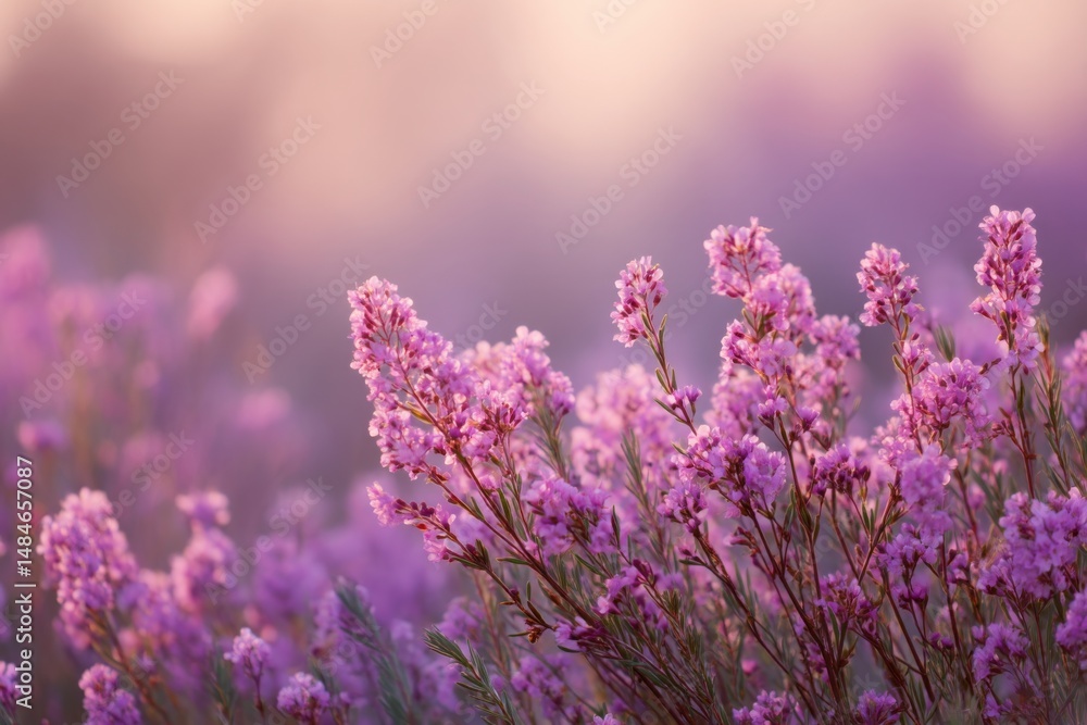 Obraz premium Lavender flowers bloom in a soft golden light during the early morning hours in a serene garden