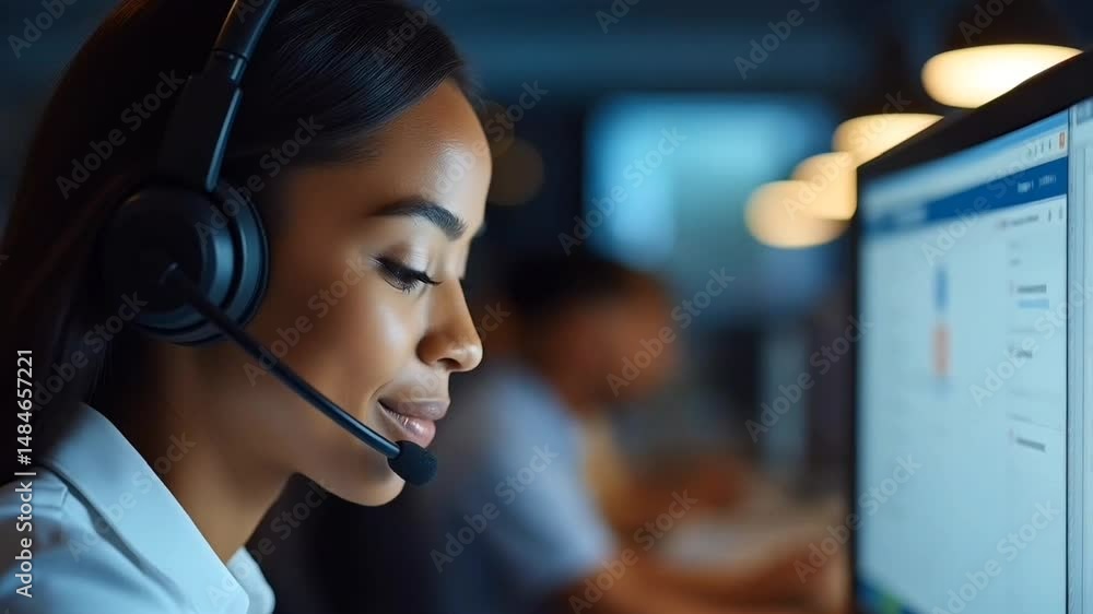 Friendly female call center agent wearing headset assisting customers in modern support office