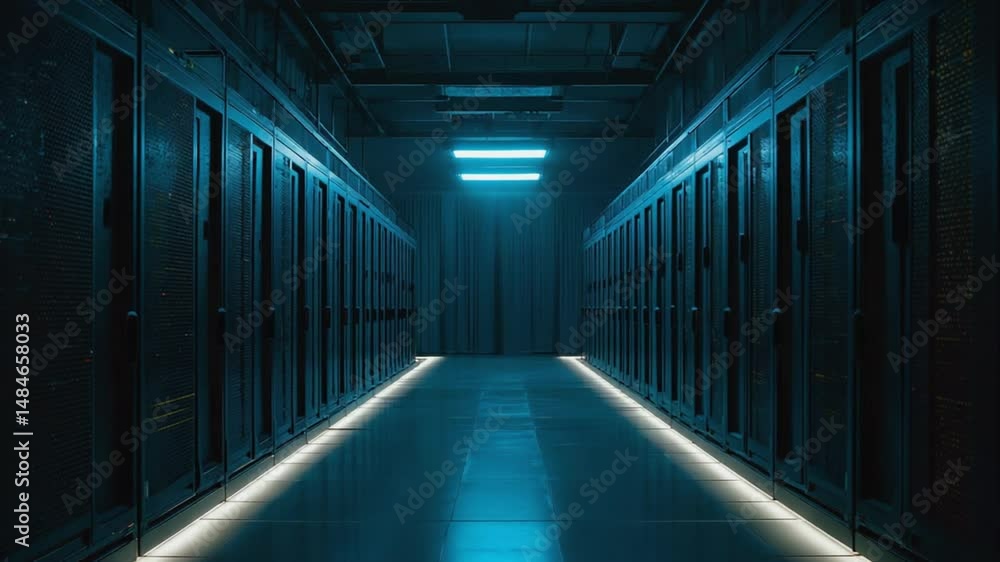 Walking Through Data Center Server Room with Blue Lighting Walking Through Data Center Server Room with Blue Lighting