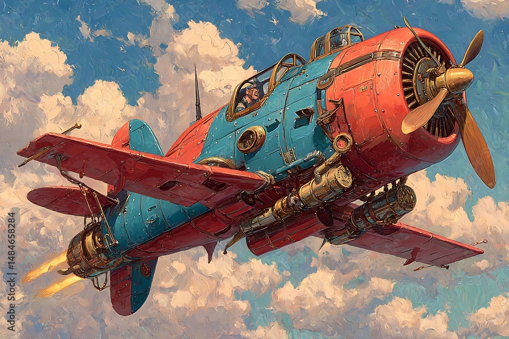 Steampunk aircraft soars among painted clouds Steampunk aircraft soars among painted clouds
