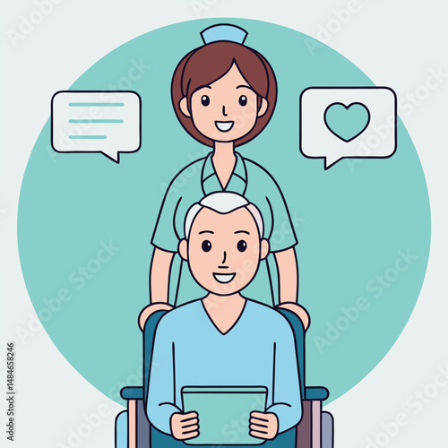 Happy senior man in wheelchair with caring nurse using tablet