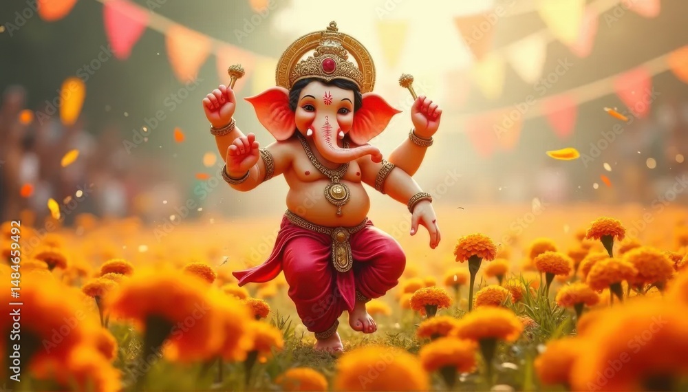Fototapeta premium Lord Ganesha in Festive Setting with Marigold Flowers