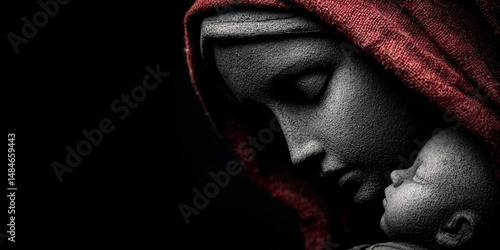Mother and Child: In a deeply evocative portrayal, a serene mother cradles her child, her eyes closed in tender adoration, their forms sculpted in stone.