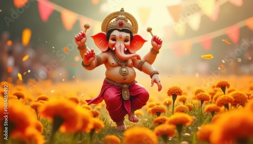 Lord Ganesha in Festive Setting with Marigold Flowers