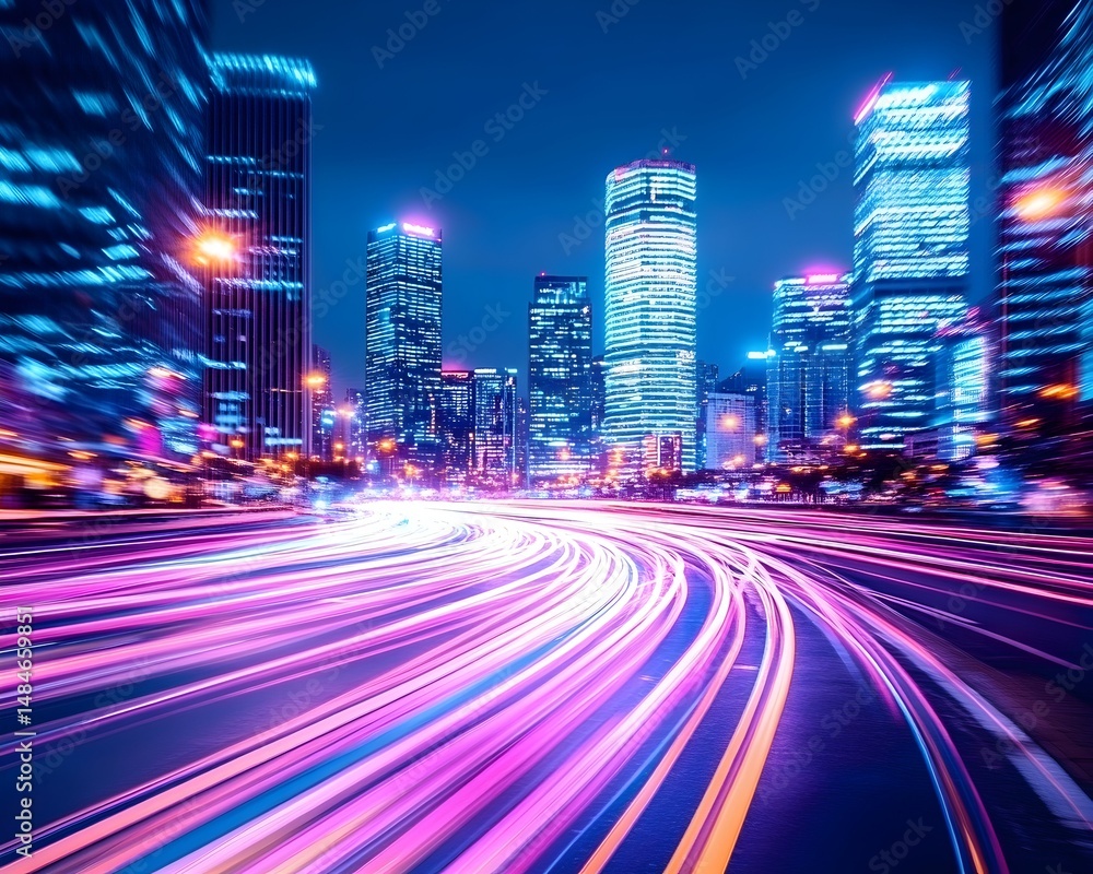 Fototapeta premium A long exposure shot of a city street at night, with streaks of light from moving cars