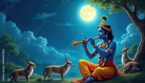 Lord Krishna Playing Flute Under the Moonlight with Animals