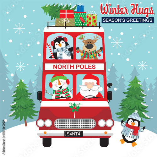 Christmas card with santa, snowman, penguin and deer in the double Decker