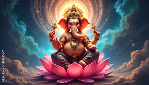 Lord Ganesha on Lotus with Radiant Sky Background