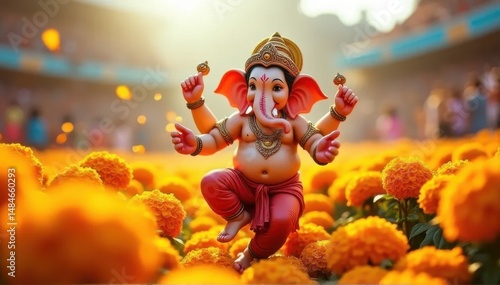 Lord Ganesha Celebrating Amidst Marigold Flowers
