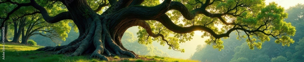 Fototapeta premium Ancient oak tree, gnarled branches reaching skyward, growth, forest