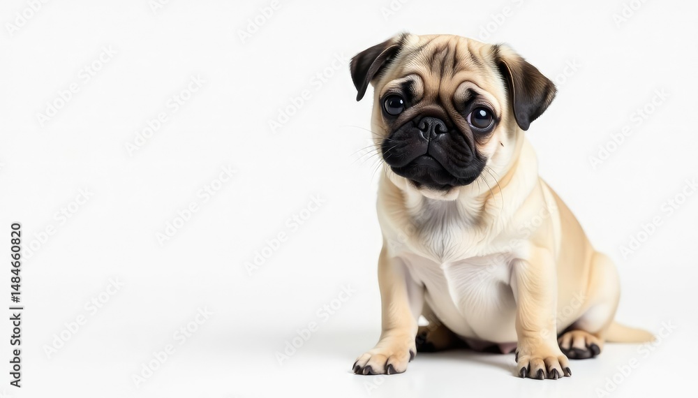 Fototapeta premium Adorable pug dog sitting, isolated on white background, dog breed, domestic