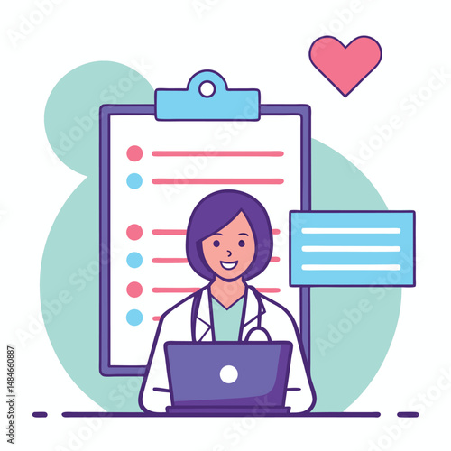 Smiling Female Doctor Using Laptop with Checklist and Heart Graphic