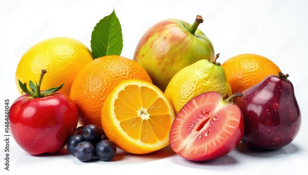 Assortment of organic fruits on white backdrop, clean, nutrition, fresh Assortment of organic fruits on white backdrop, clean, nutrition, fresh
