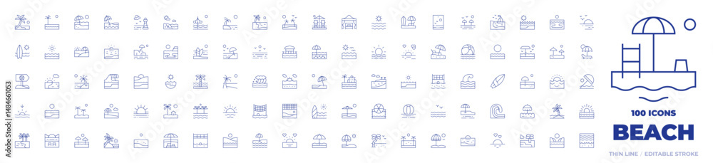 100 Beach Icons Collection. Thin line icon. Editable stroke. surfboard, sea, waves, sun, surfing board, wave, sunset, beach, rocky, sunrise, beach volleyball 100 Beach Icons Collection. Thin line icon. Editable stroke. surfboard, sea, waves, sun, surfing board, wave, sunset, beach, rocky, sunrise, beach volleyball