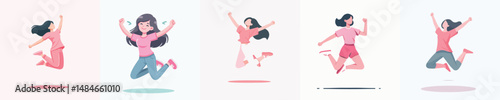 Vector illustration of a woman in pink dress very happy and jumping.