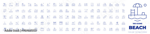 100 Beach Icons Collection. Thin line icon. Editable stroke. surfboard, sea, waves, sun, surfing board, wave, sunset, beach, rocky, sunrise, beach volleyball