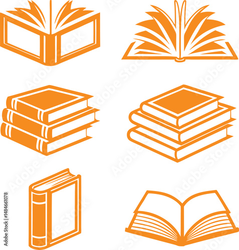 Collection of orange book illustrations including open books and stacked books on a white background