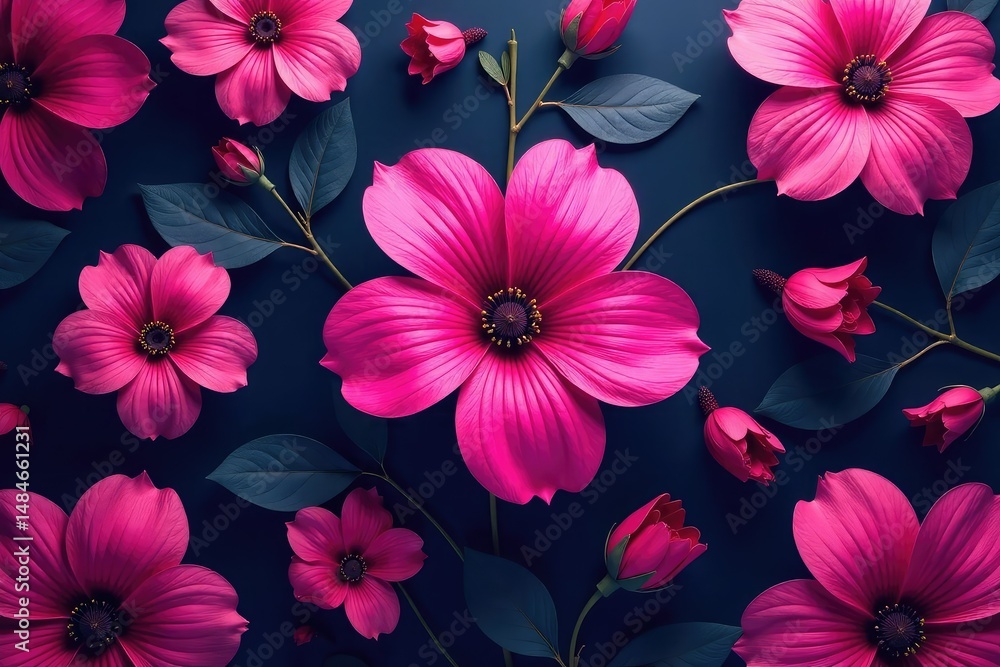 Bold fuchsia floral pattern, large blooms on dark background , repeat, textile, dramatic Bold fuchsia floral pattern, large blooms on dark background , repeat, textile, dramatic